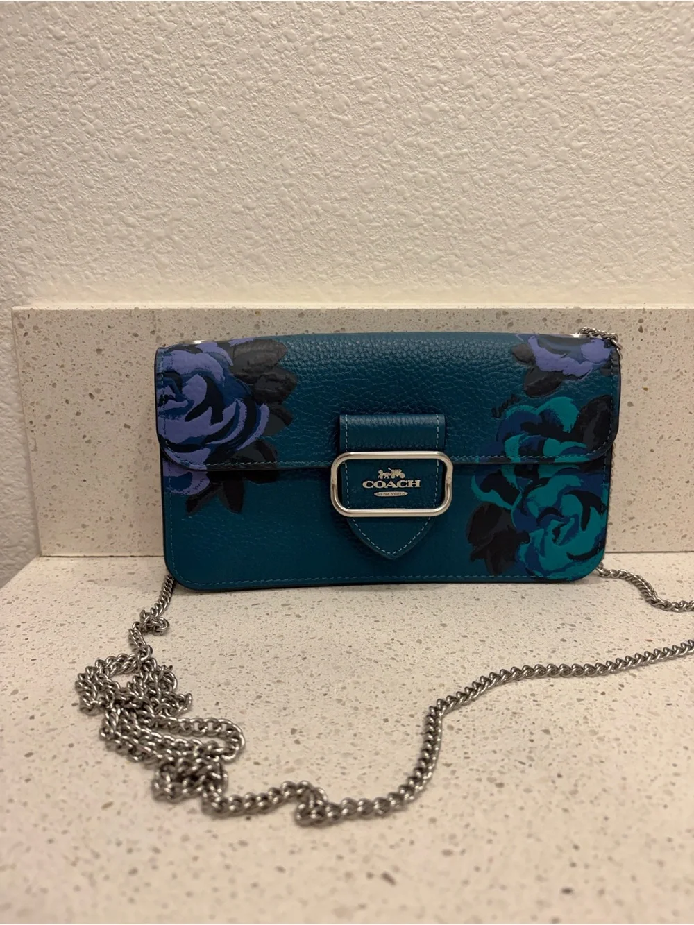 COACH Morgan Crossbody Jumbo Floral  Leather X-body Deep Turquoise Multi CE667